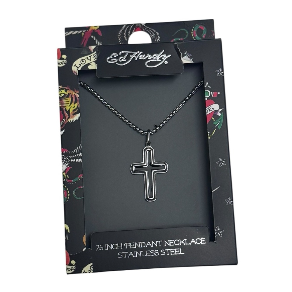Ed Hardy Black and Silver Cross Pendant Necklace